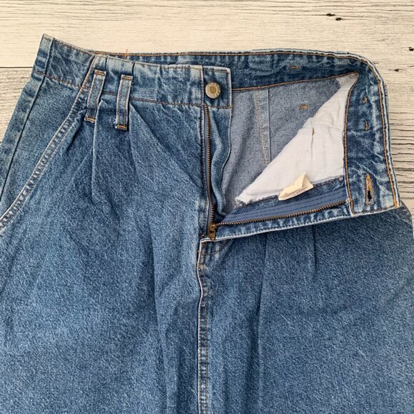 Vintage 80s 90s Hollywood Stonewash Denim Pleated Jean Pencil Skirt - Picture 2 of 12